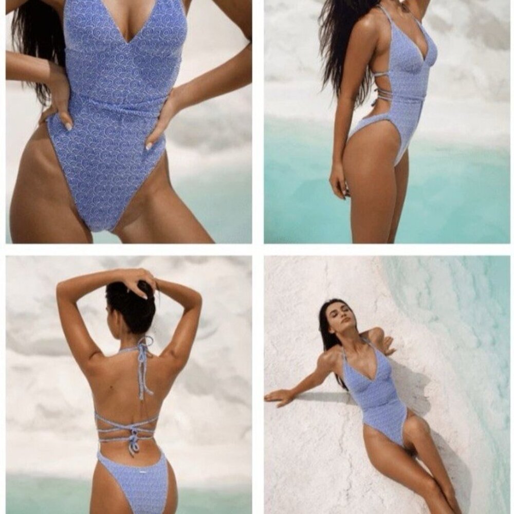 Berlook One Piece Swimsuit Blue White Jacquard Size L Large NWT NEW W Bag